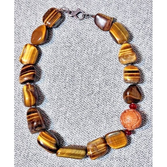 Unbranded Jewelry - Vintage Sterling Silver Tiger’s Eye Necklace Hand Knotted Shou Bead 17" Chinese